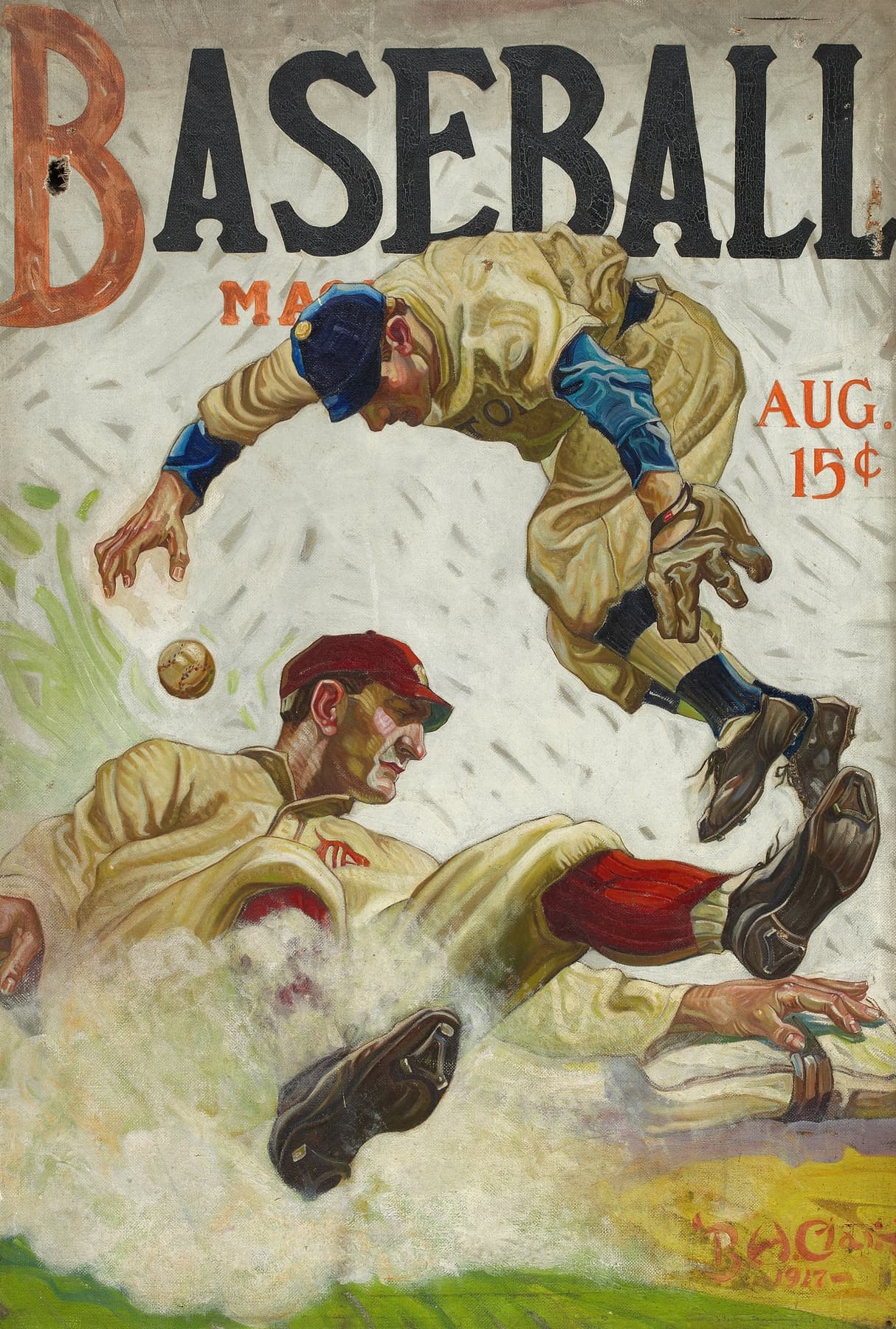 High-quality Giclée reproduction of the 1917 Baseball Magazine cover illustration, showing a player sliding into base while an opponent attempts a tag, vintage sports art.