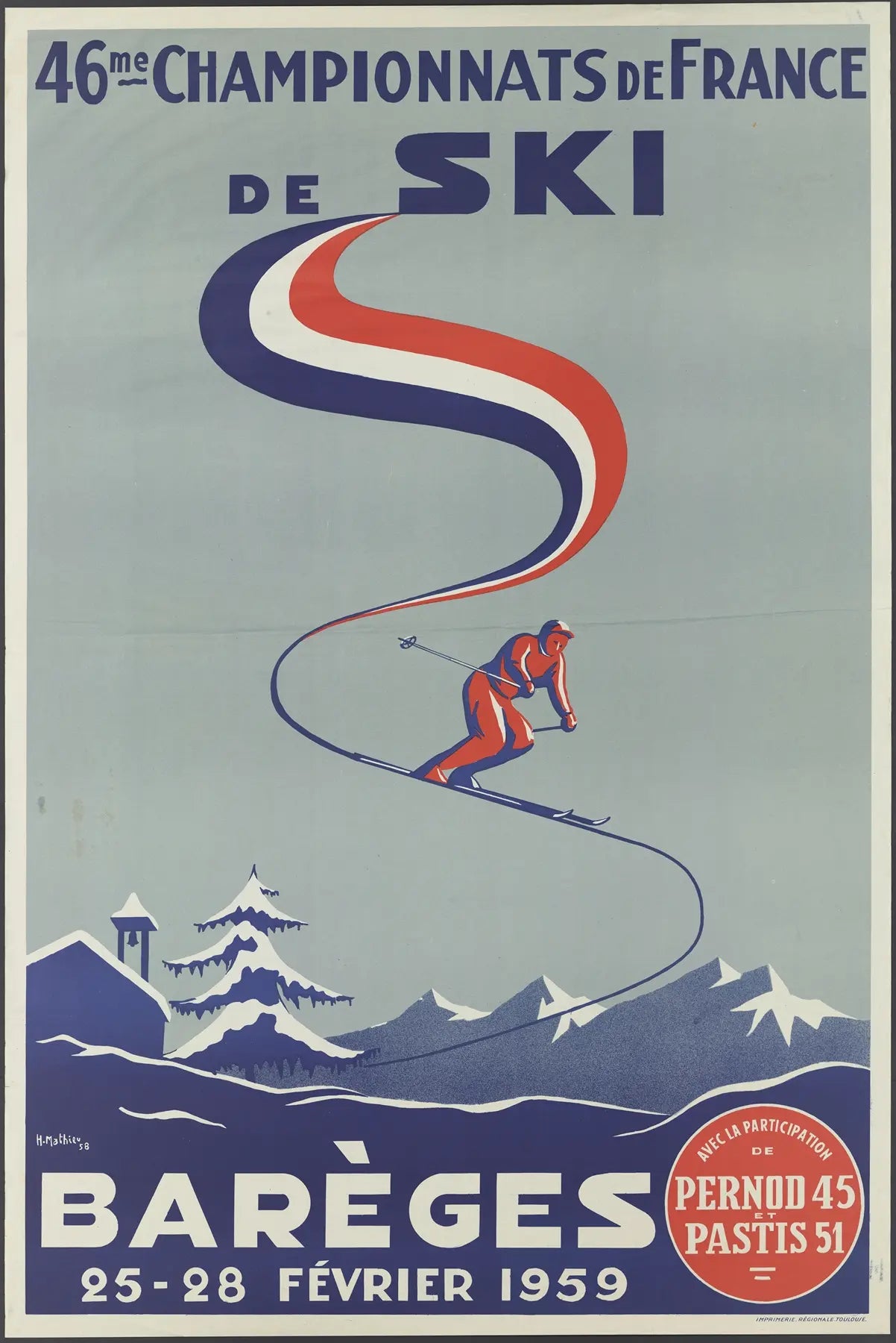 High-quality reproduction of a French ski travel poster, a vintage 1959 print. Features a stylized skier on a slope with a tricolor ribbon, advertising the '46me Championnats de France de Ski' in Barèges, emblematic of iconic 'vintage ski travel posters' and mid-century modernist design.