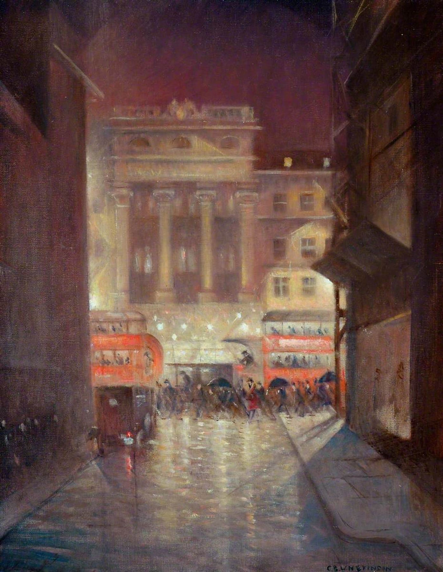 Painting of a London street (The Strand) at night with double-decker buses and a building in the background.