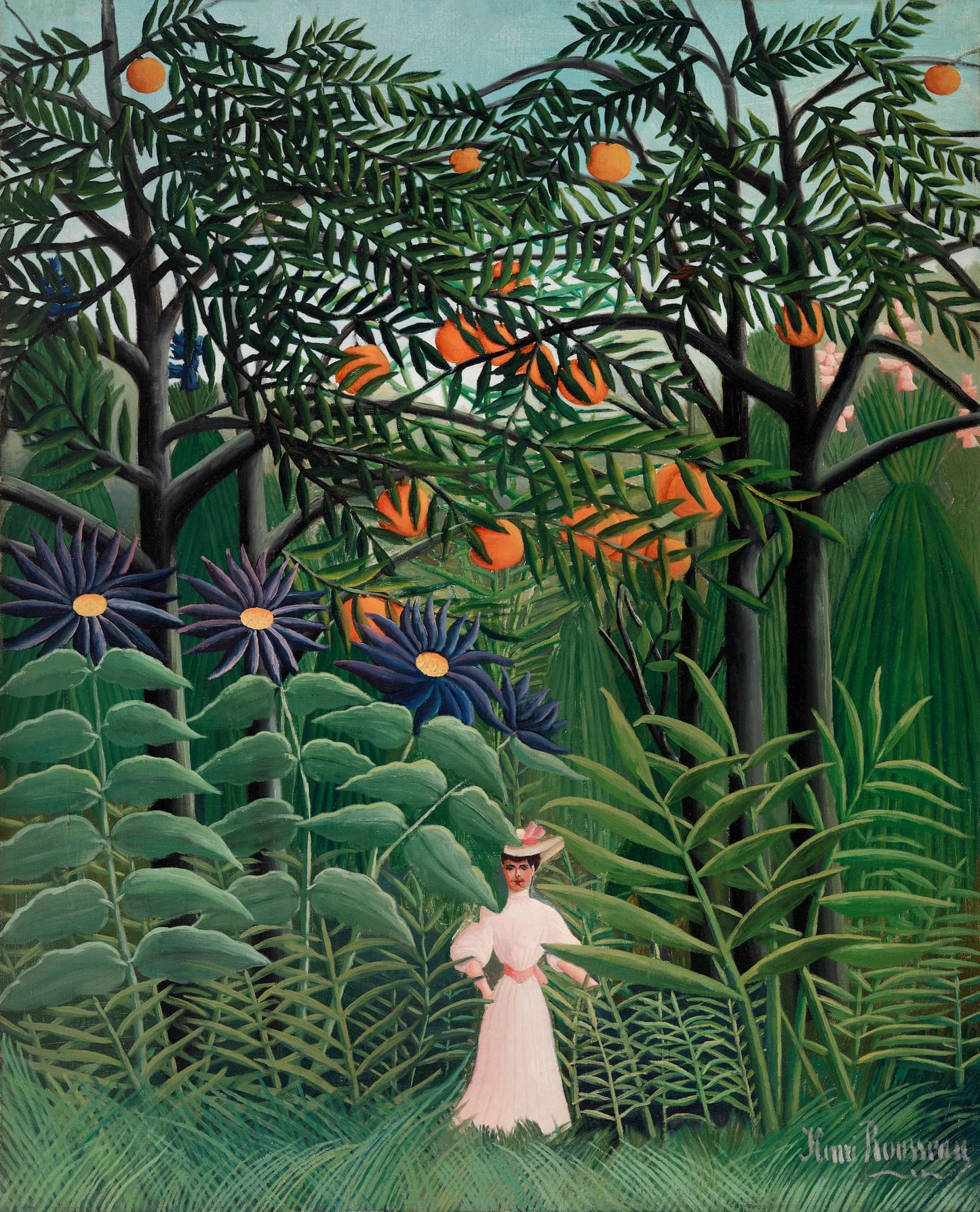 Woman in a white dress standing in a lush, tropical forest with orange trees and flowers.