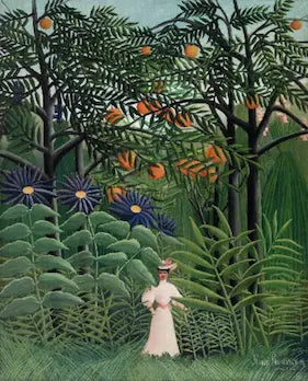 Woman in a tropical forest with fruit trees and flowers