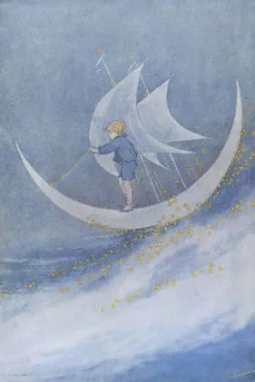 Illustration of a child on a sailboat with a crescent moon-shaped sail against a blue sky.