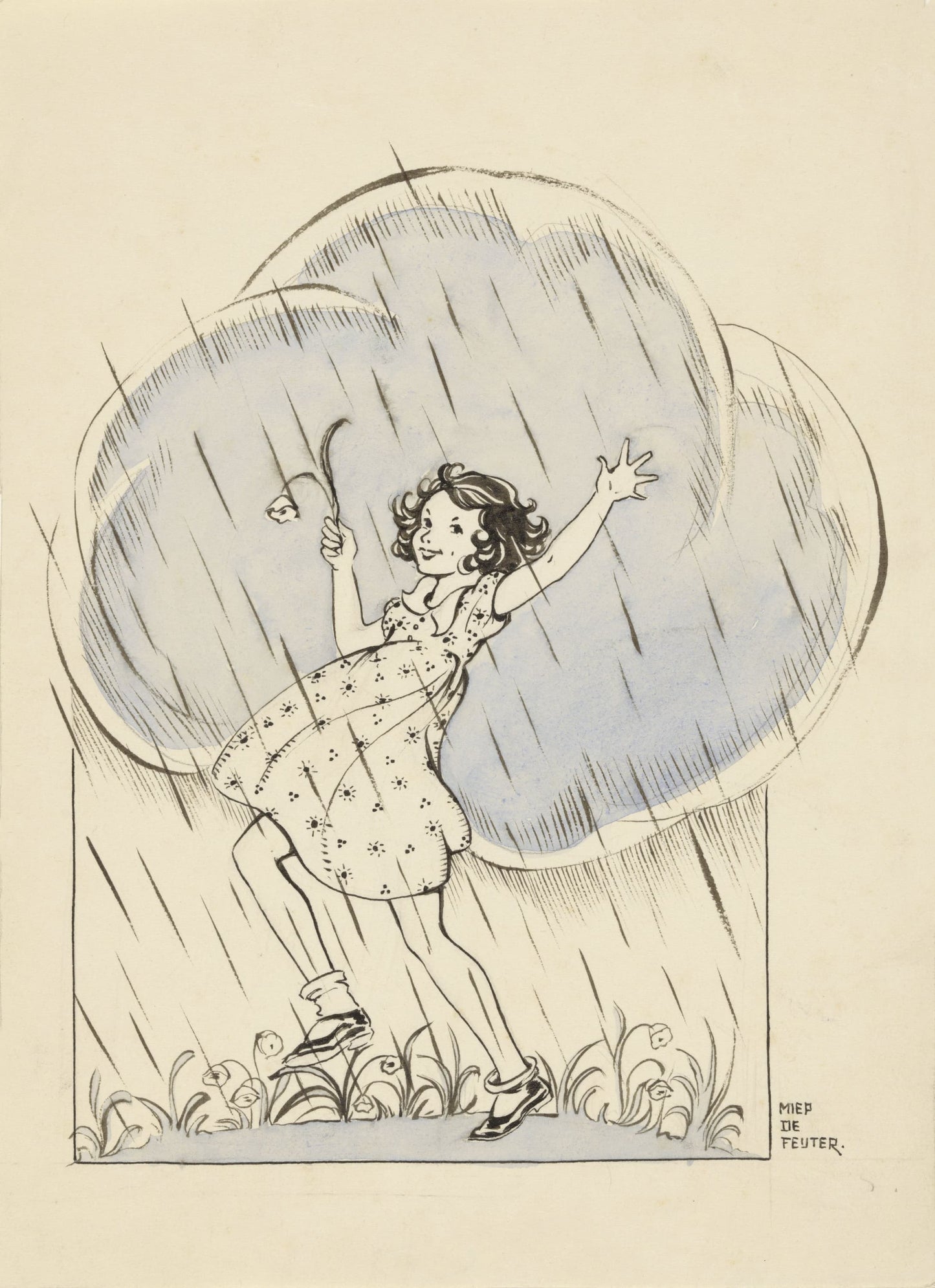 Illustration of a girl with an umbrella standing inside a bubble shielded from rain, with 'Nin' and 'Curtis' signature at the bottom right.