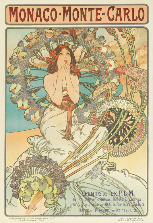 Vintage poster of a woman with flowers, featuring the text 'Monaco Monte Carlo' and 'Chemins de Fer P.L.M'.