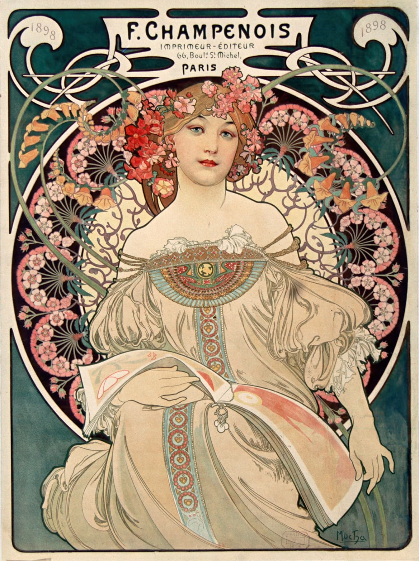 High-quality Giclée reproduction of Alphonse Mucha’s 1898 "Reverie" (Daydream) Art Nouveau panel, featuring a woman with flowers in her hair, reading a book, with F. Champenois text.