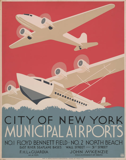 Art deco aviation poster for City of New York Municipal Airports with two airplanes on a red and blue background.