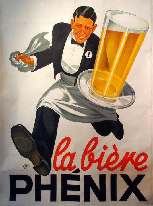 Vintage advertisement for Phénix beer featuring a waiter holding a large glass of beer.