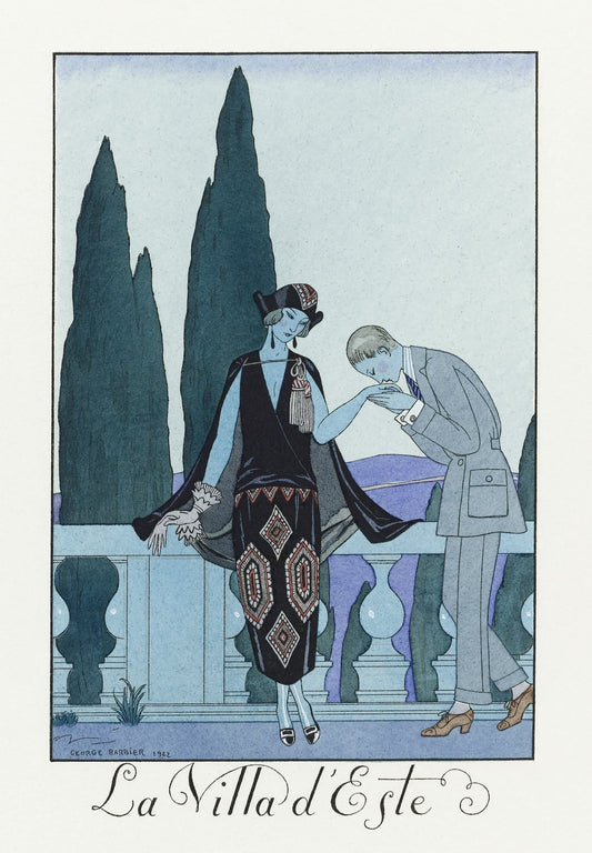 Artistic illustration of a couple in formal attire with cypress trees in the background, featuring 'La Villa d'Este'.