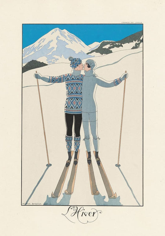 Vintage-style art print titled 'Hiver' showing two skiers in winter clothing standing in front of a snow-covered mountain. One skier wears a blue, white, and gray geometric knit sweater and black pants, while the other wears a light gray ski suit.