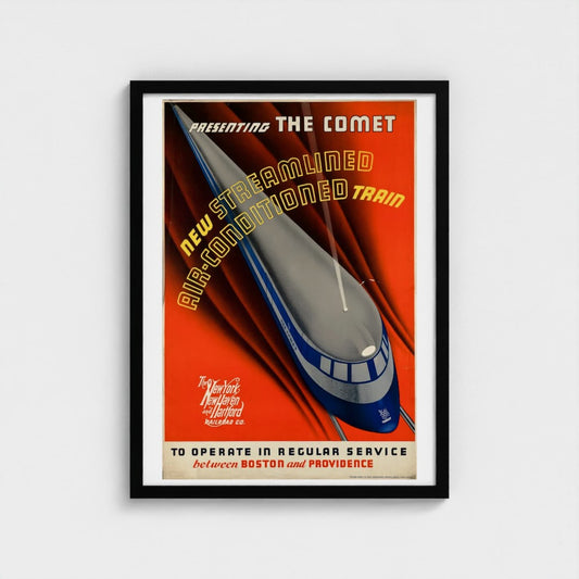 Art deco train poster for a streamlined train on an orange background