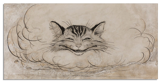 Illustration of a cat with a cloud-like design on a textured beige background