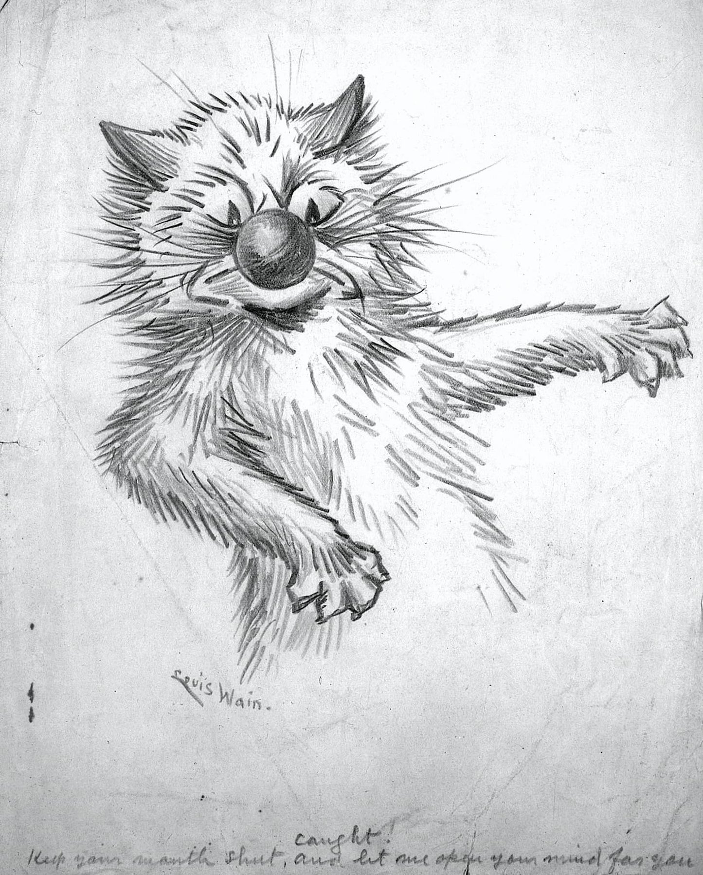 Black and white illustration of a cat with a ball of yarn, signed 'Louis Wain'.