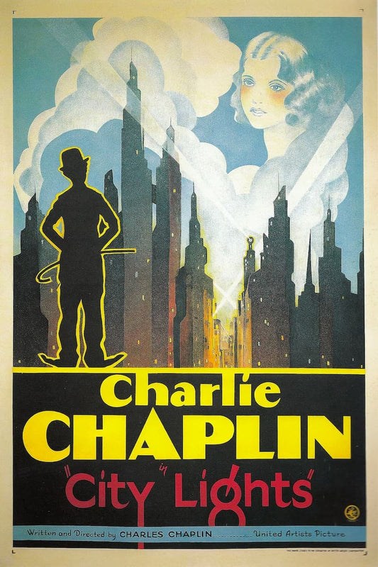 Vintage movie poster for Charlie Chaplin's film 'City Lights' featuring a stylized illustration of a silhouetted figure in front of tall city buildings, with a large face in the clouds above and bold yellow and red title text at the bottom.