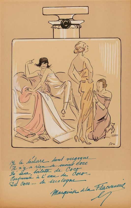 Vintage fashion illustration print on beige paper, featuring three elegantly dressed women around a perfume bottle, with handwritten French text and a signature at the bottom.
