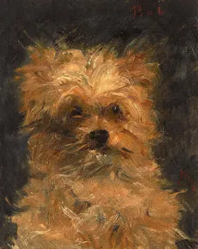 Oil painting of a terrier dog with a dark background