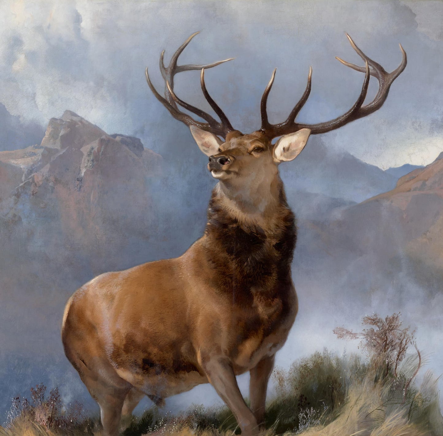 High quality Giclée reproduction of Sir Edwin Landseer's 1851 painting "The Monarch of the Glen," showing a majestic Red Deer Stag in the Scottish Highlands.
