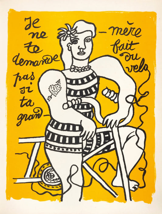 Illustration of a woman sitting on a bike with text on a yellow background