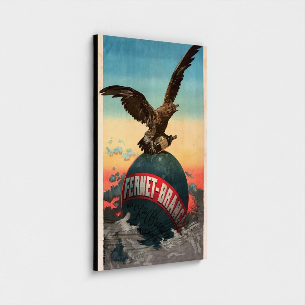 A vertical rectangular wall art print or canvas featuring a vintage-style illustration of an eagle perched on a globe with the text 'FERNET-BRANDE' and 'Le Cigogne', shown against a light gray background.