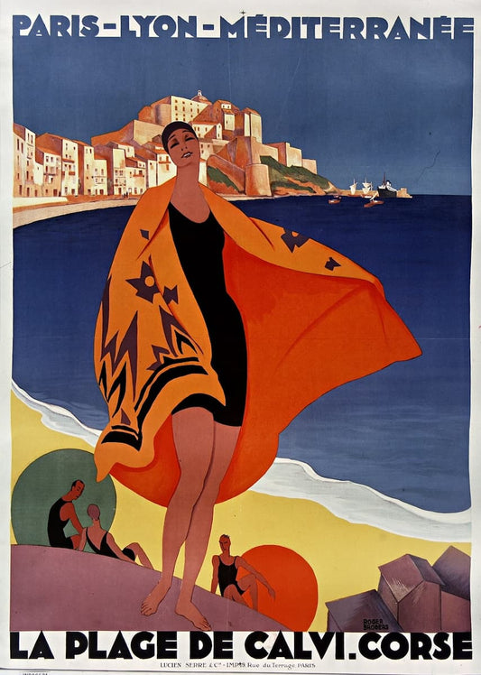 Vintage travel poster for La Plage de Calvi, Corse, featuring a stylized woman in a black swimsuit and orange patterned wrap standing on a beach with a coastal town and blue sea in the background.