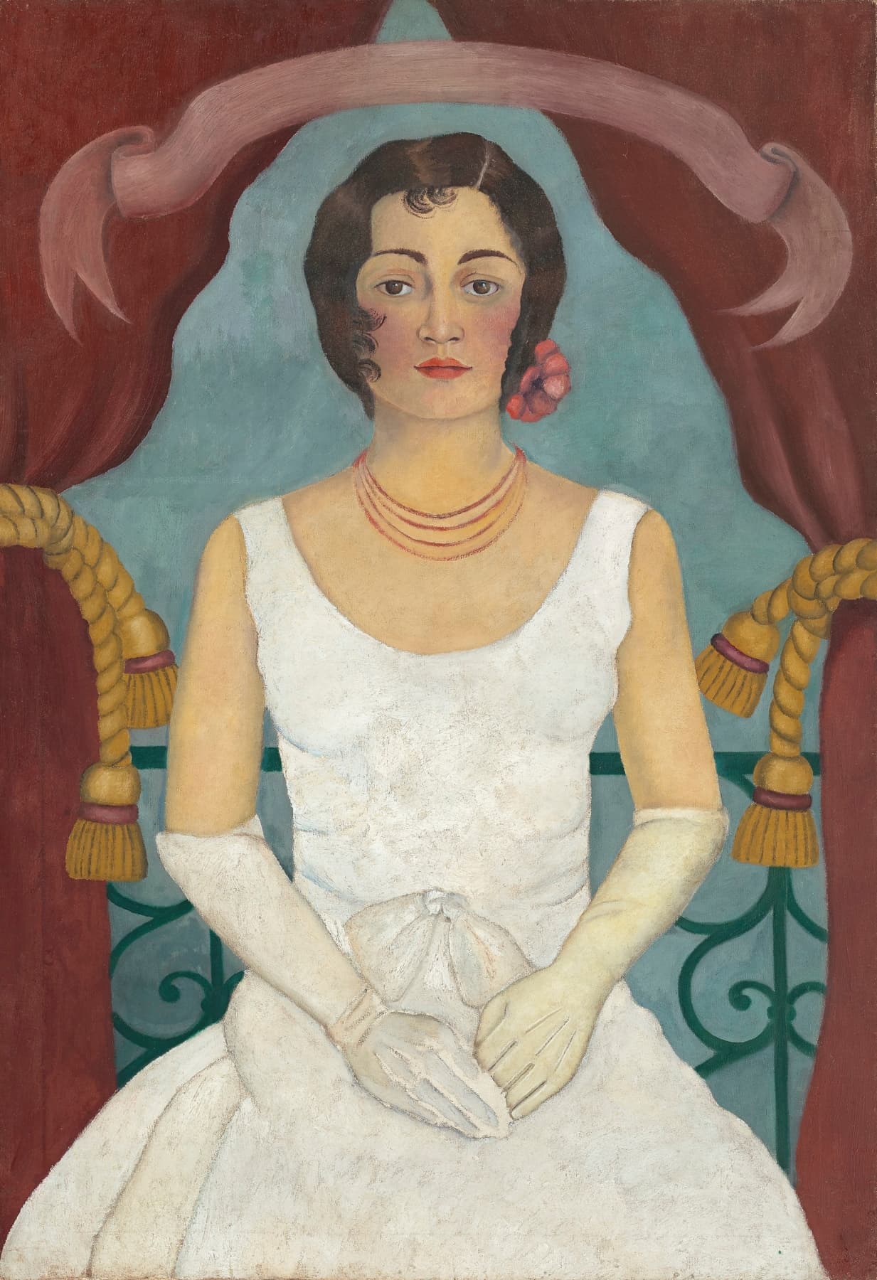 High quality Giclée reproduction of Frida Kahlo's 1929 painting "Portrait of a Lady in White," featuring a woman in a white dress with red curtains, early Mexican style.