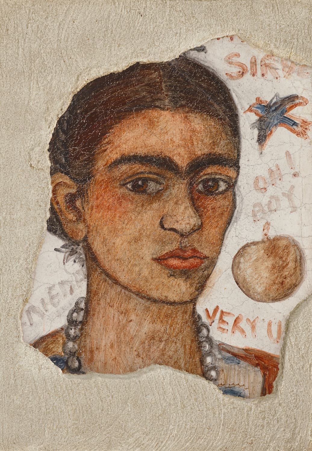 High quality Giclée reproduction of Frida Kahlo's 1933 drawing "Self-Portrait (Very Ugly)," featuring the artist's face on fragmented paper with text and fruit.
