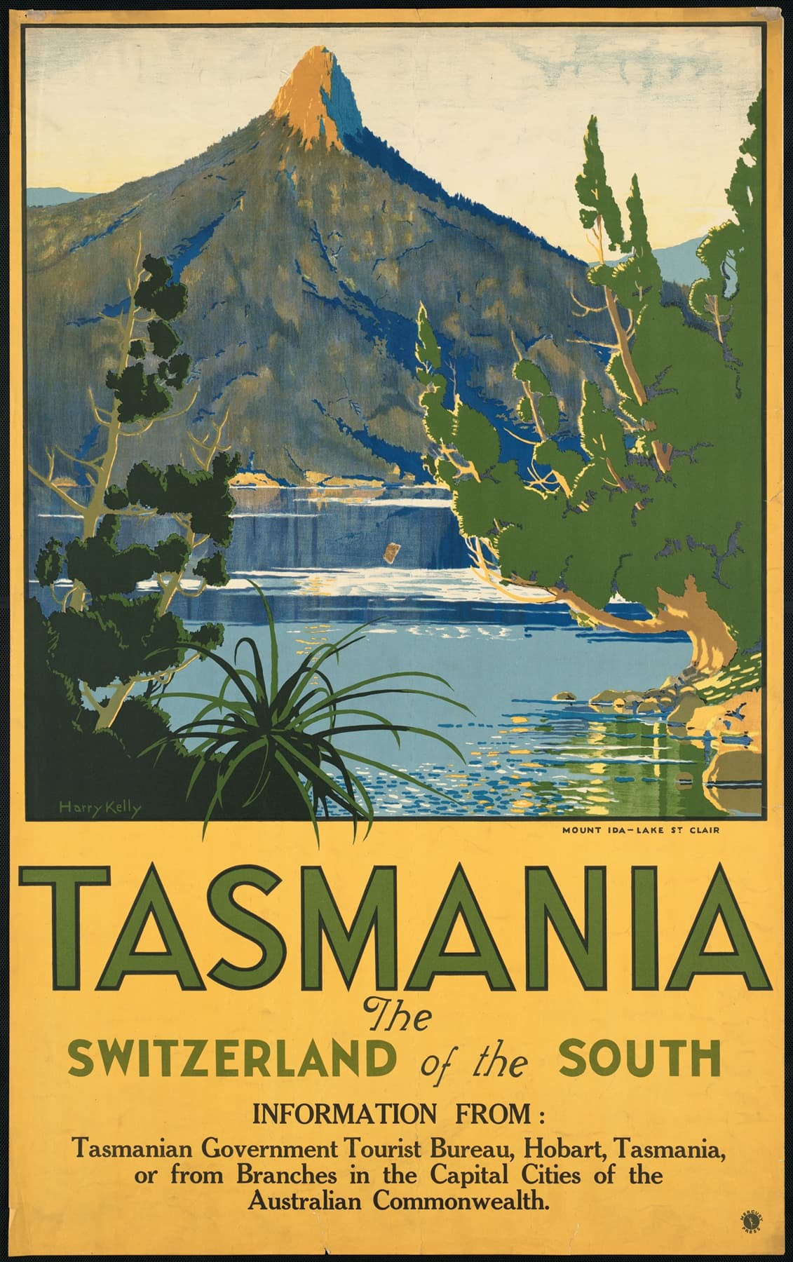 High quality Giclée reproduction of Harry Kelly's 1930s Art Deco travel poster for Tasmania, promoting it as "The Switzerland of the South."