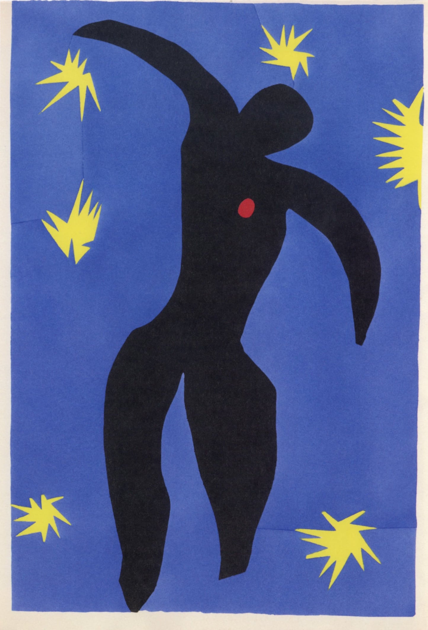 High quality Giclée reproduction of Henri Matisse's 1947 Icarus cut-out from the Jazz Series, black silhouette on blue with yellow stars.