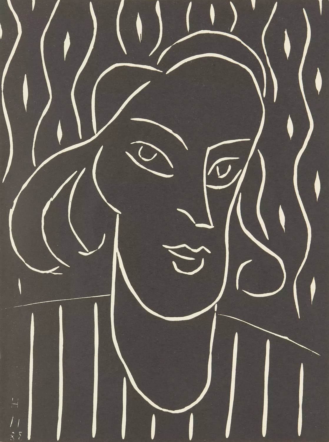 High quality Giclée reproduction of Henri Matisse's 1938 lino prints , featuring a woman's head in high-contrast black and white graphic art style.