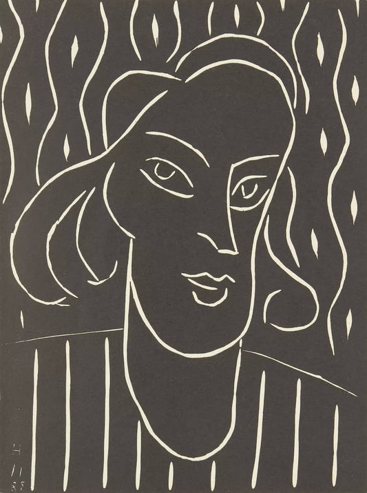 Black and white line drawing of a woman's face with wavy hair on a black background