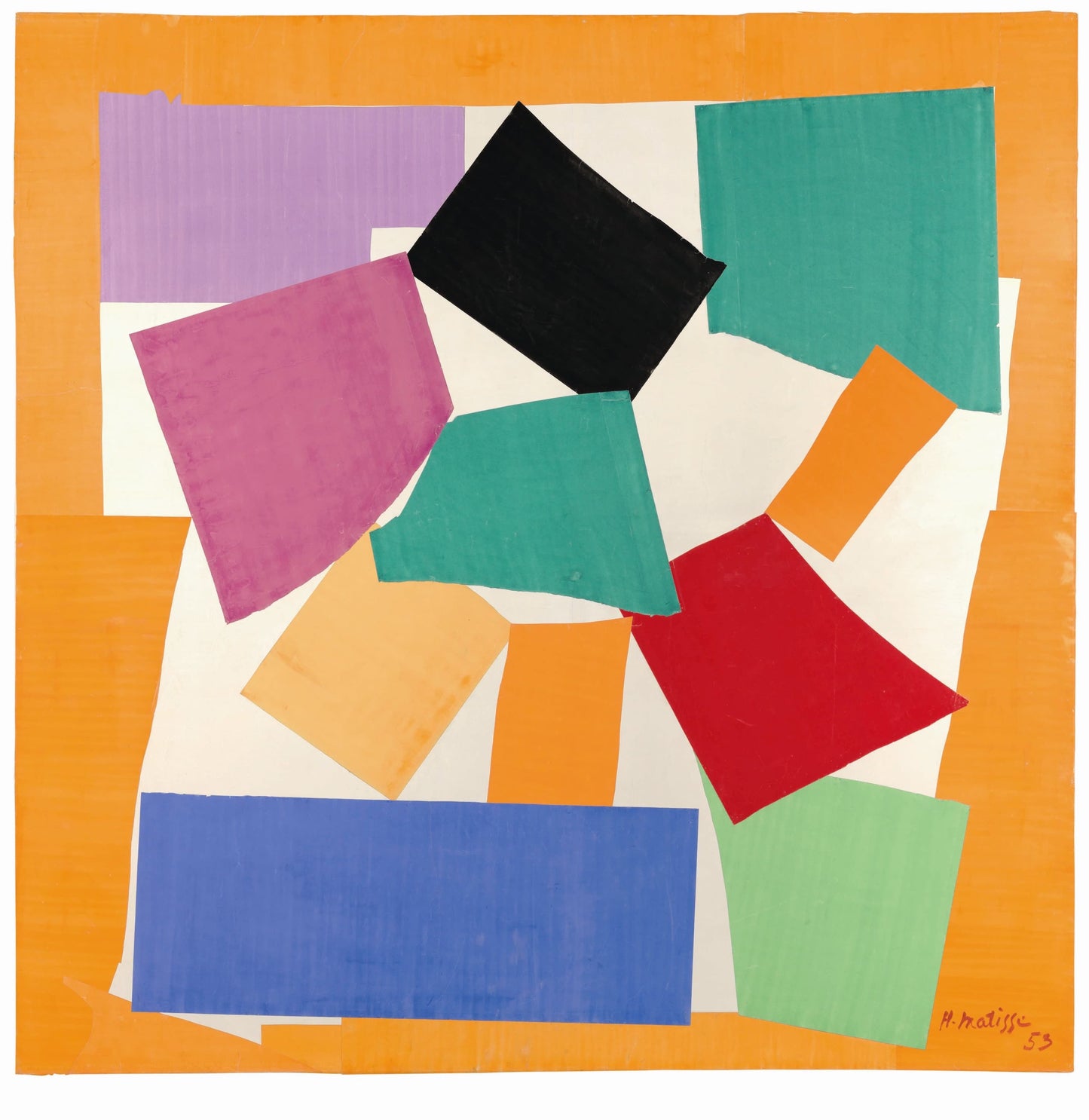 High quality Giclée reproduction of Henri Matisse's 1953 cut-out "The Snail," abstract arrangement of colored geometric shapes on white and orange ground.