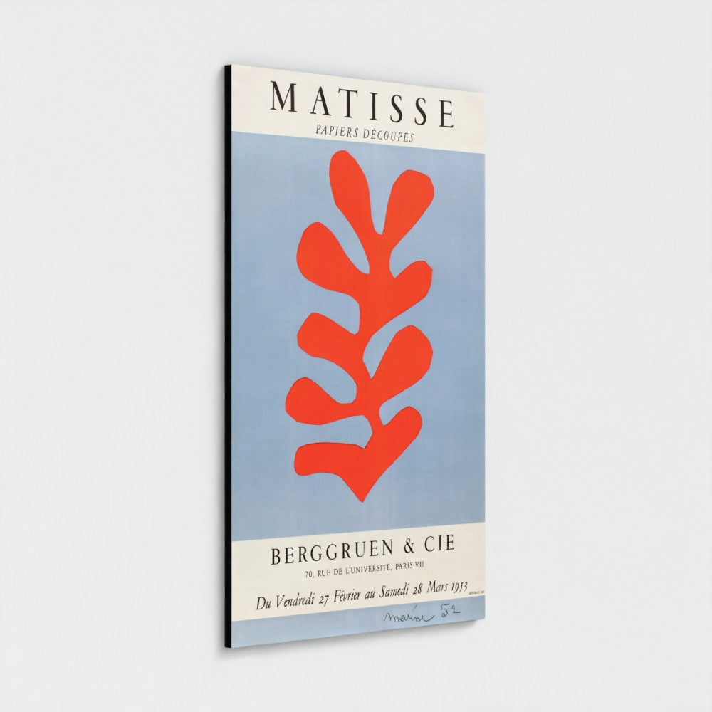 A vertical canvas poster print featuring a stylized red abstract leaf motif on a light blue background, with cream bands at the top and bottom reading 'MATISSE' and 'BERGGRUEN & CIE'. The poster is shown hanging against a light gray wall.