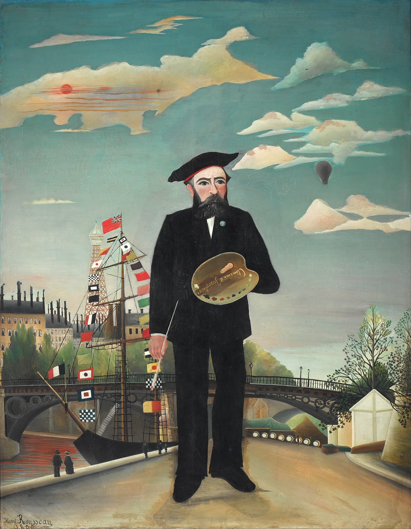 High-quality Giclée reproduction of Henri Rousseau's 1900s "Portrait of the Artist," showing the artist holding a palette, standing by a river and bridge in Paris, with a boat covered in flags, Naïve Art style.