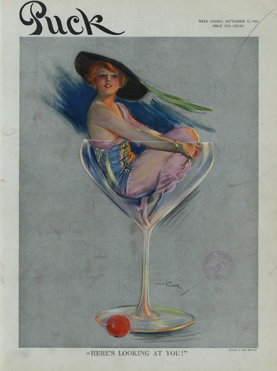 High quality Giclée reproduction of the 1914 Puck Magazine cover, "Here's Looking at You!," showing a woman in a martini glass, vintage cocktail illustration.