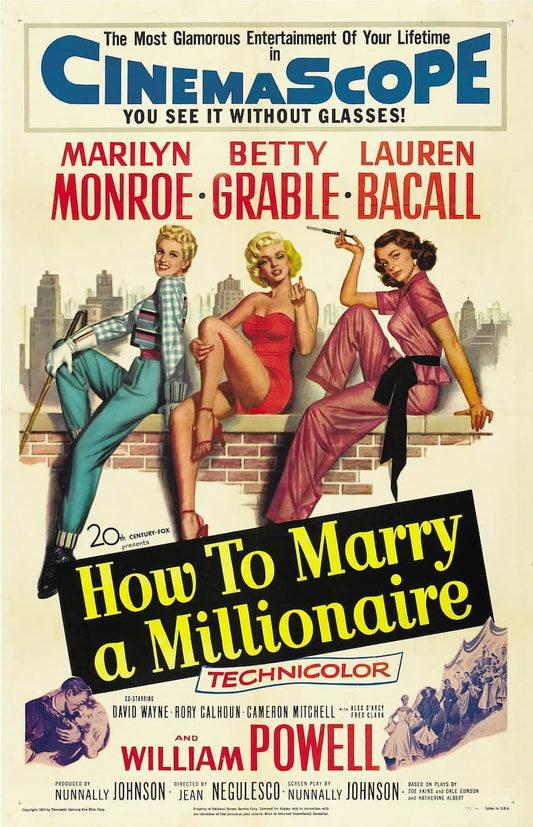 Vintage movie poster for the film 'How to Marry a Millionaire' featuring illustrated portraits of Marilyn, Betty, Lauren, and Monroe Grable-Bacall, with large title text and CinemaScope branding on an off-white background.