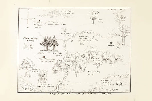 A hand-drawn illustrated map on aged paper, featuring whimsical fantasy place names, trees, houses, and small character figures, with 'Drawn by Mr. Shepherd and Helped by Mr.