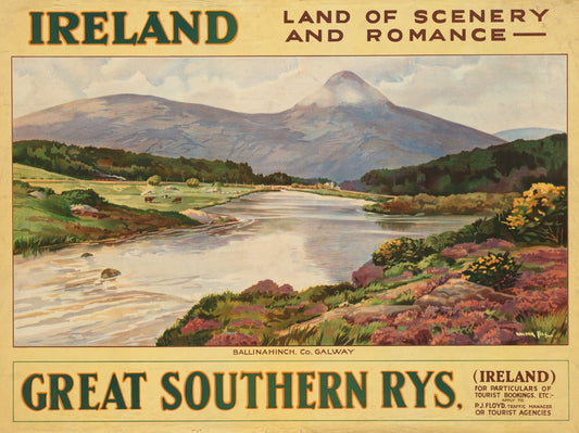 Vintage-style advertisement for Ireland featuring a scenic landscape with a river and mountains.