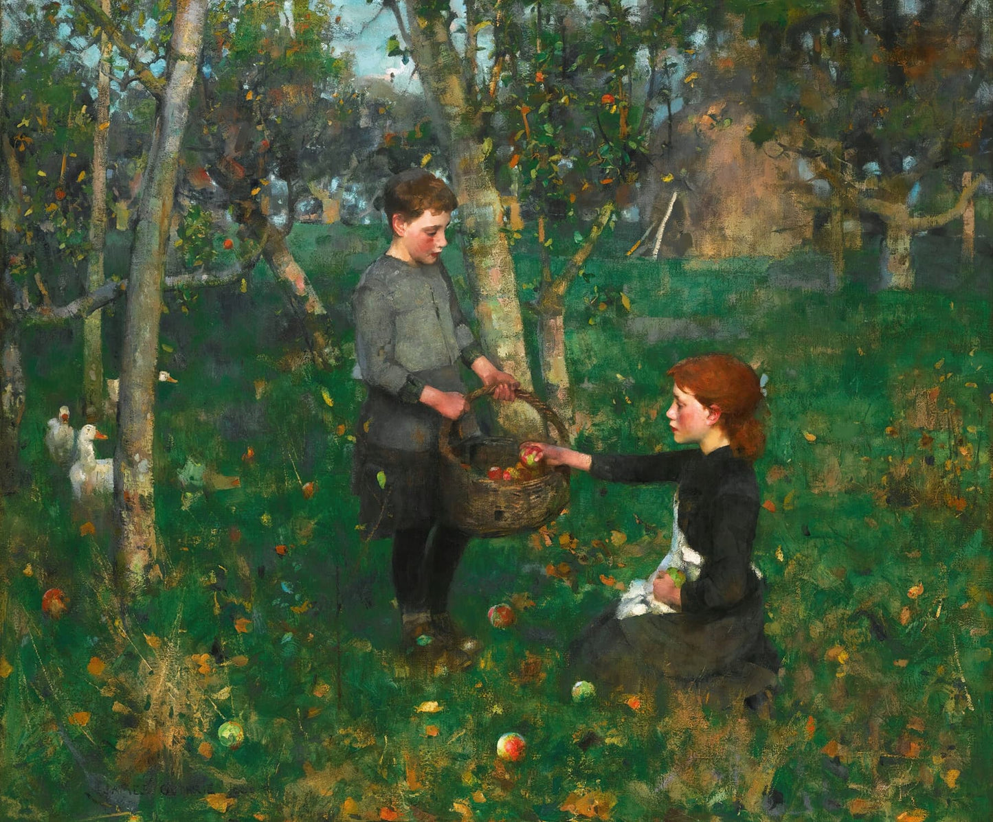 Sir James Guthrie oil painting reproduction In the Orchard showing children harvesting apples in 1885.