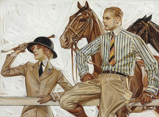 Illustration of a man and woman in equestrian attire with horses in the background