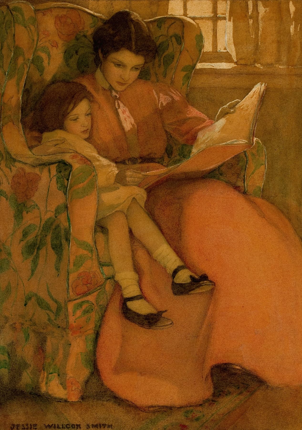 Museum-quality Giclée reproduction of Jessie Willcox Smith's iconic 1908 "A Rainy Day" illustration, featuring a cozy scene of a mother reading to a young girl nestled in her lap in a floral armchair. Ideal for a nursery or cozy reading nook.