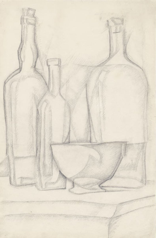 Pencil drawing of three bottles on a neutral background