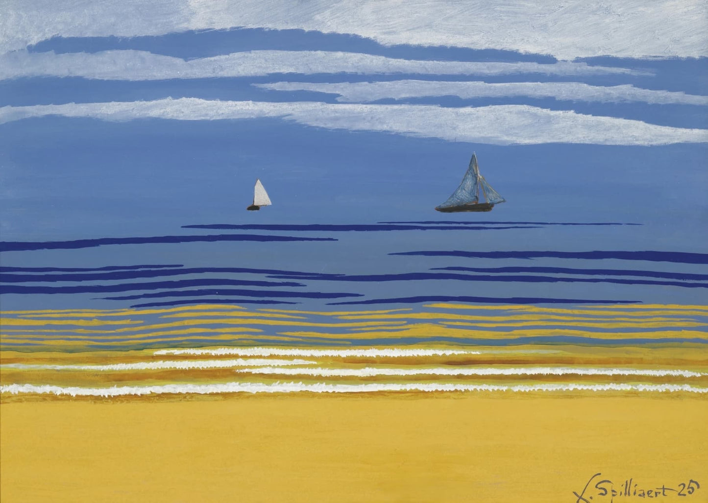 High quality Giclée reproduction of Léon Spilliaert's 1925 painting "Sea with Sailboats," modernist Belgian seascape with yellow beach and strong blue sky.