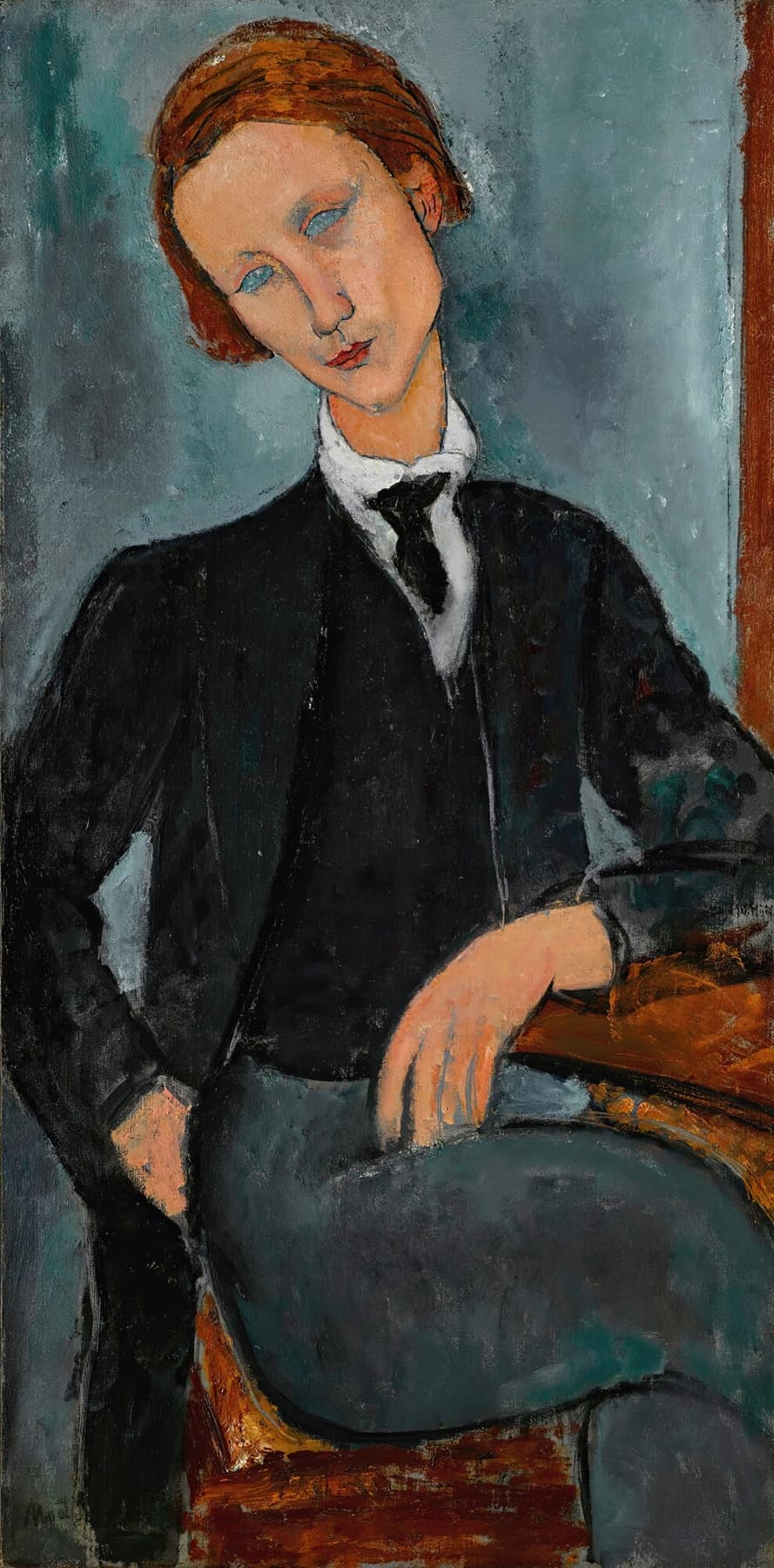 High-quality Giclée reproduction of Amedeo Modigliani's "Portrait of Maurice Drouard," featuring an elongated figure of a man in a black suit and tie, against a blue/grey background, Expressionist style.