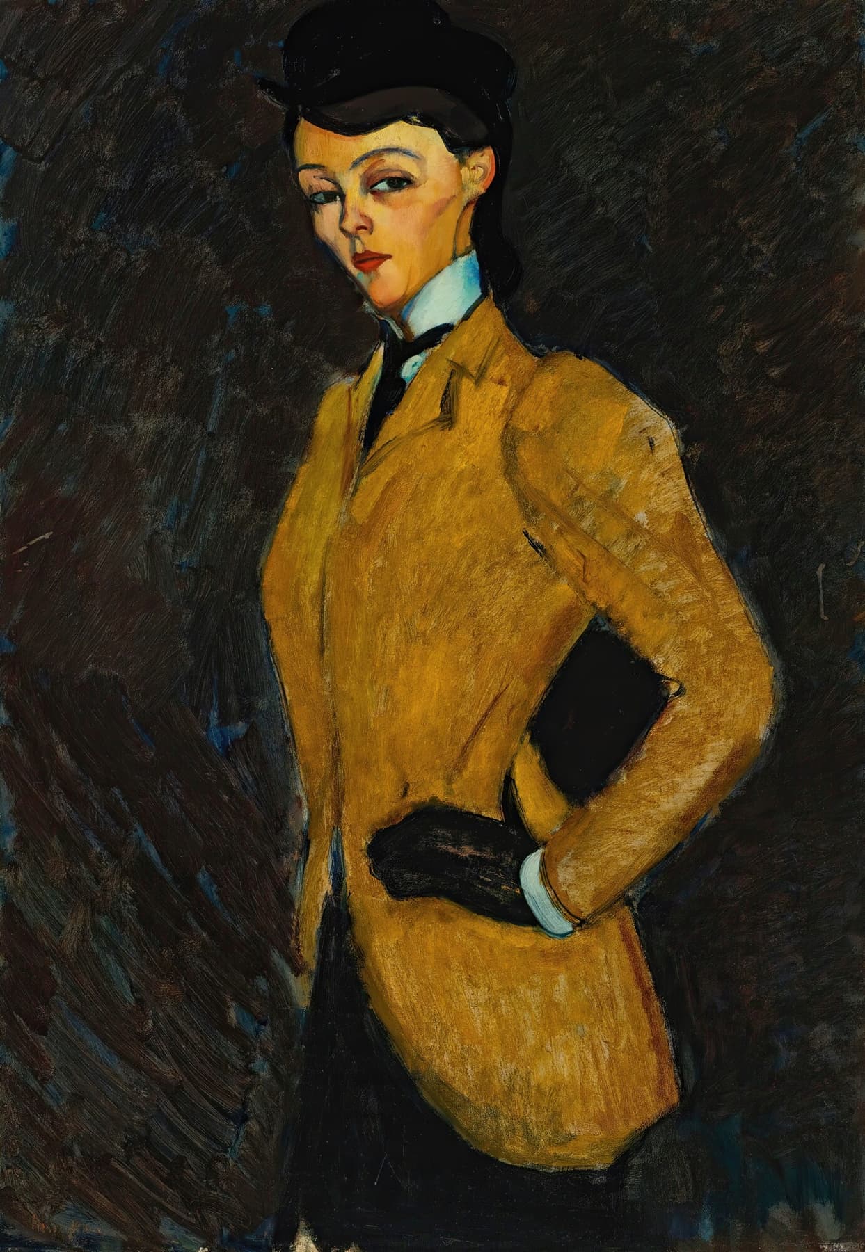 High-quality Giclée reproduction of Amedeo Modigliani's "L'Amazone" (The Amazon) portrait, featuring a woman with an elongated face in a yellow riding jacket and black gloves, Expressionist style.