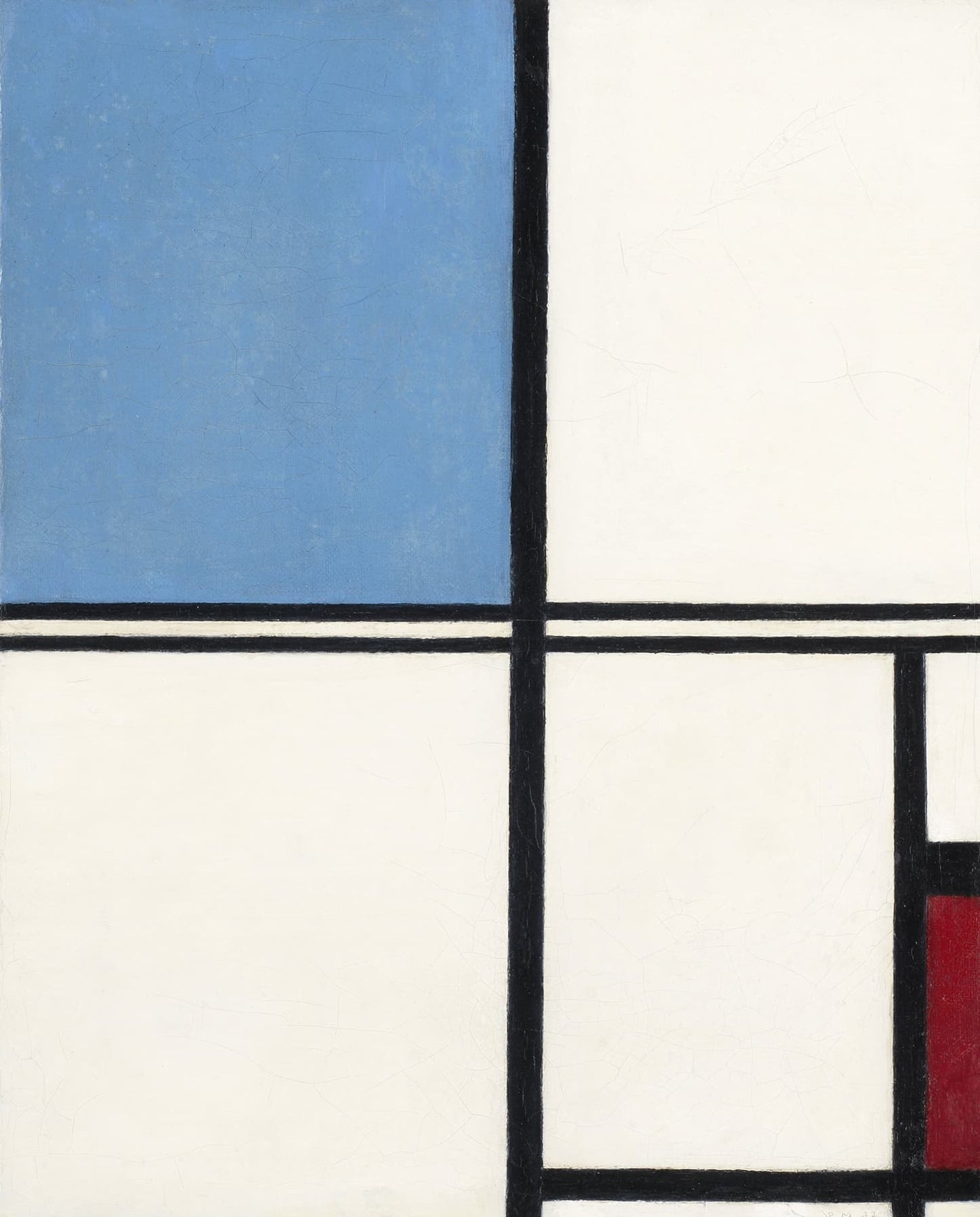 High quality Giclée reproduction of Piet Mondrian's 1930s composition, De Stijl abstract art using red, blue, white, and black lines.