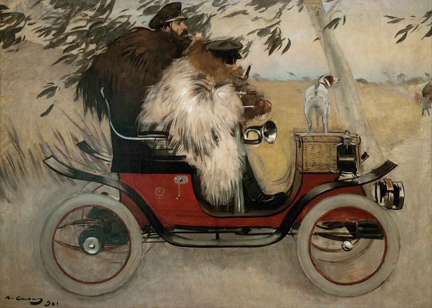 Painting of a man with a dog in an early automobile, surrounded by nature.