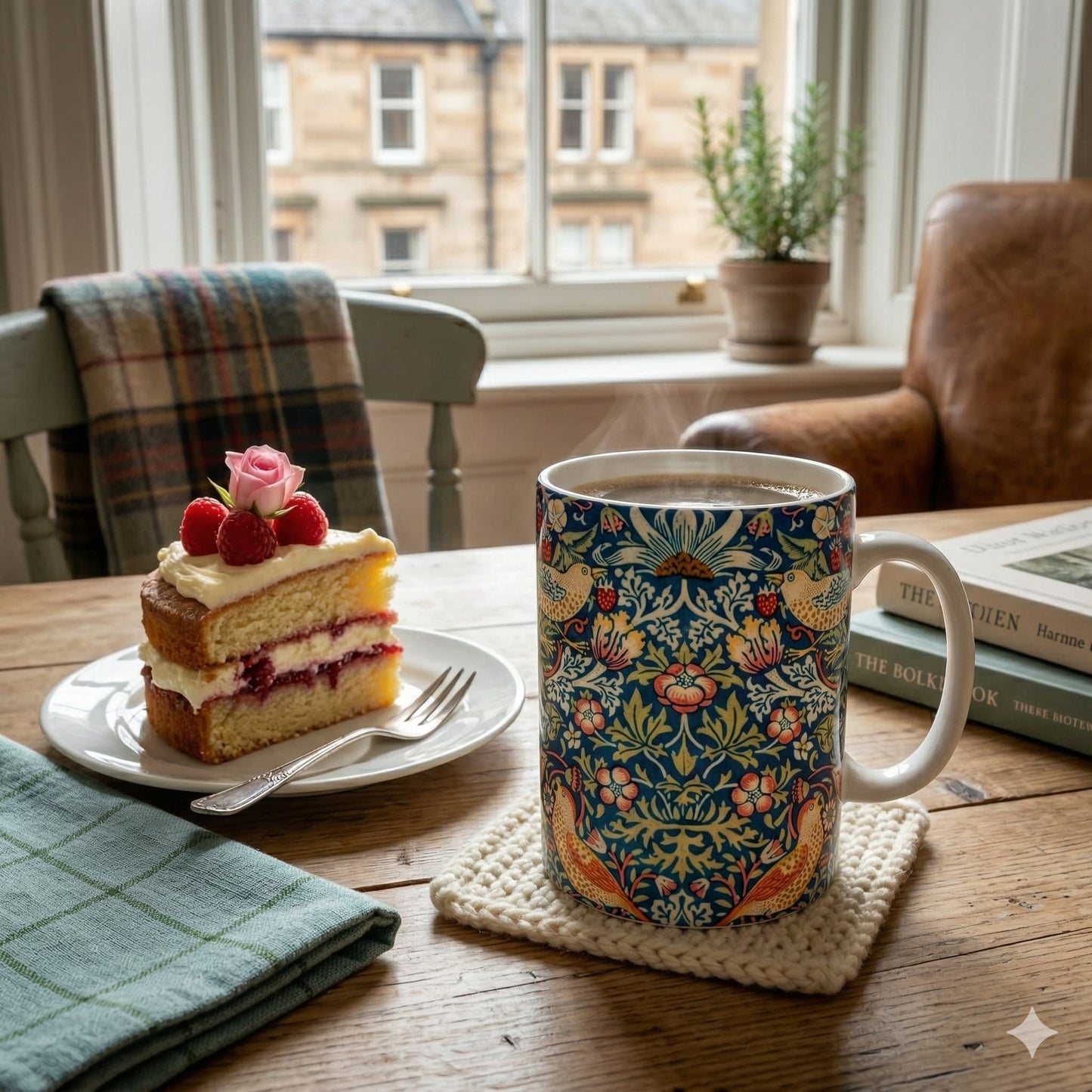 Cup of coffee with a floral pattern on a wooden table with cake and books in the background.