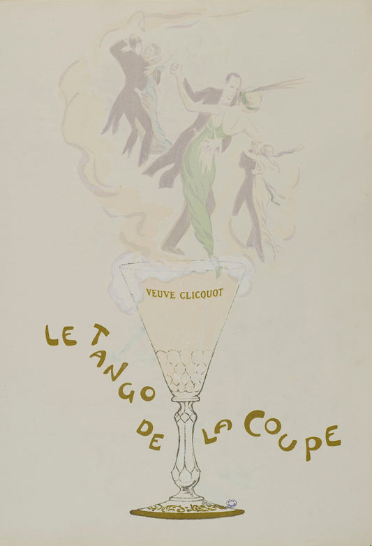Vintage Vèuve Clicquot poster featuring a cocktail glass and dancers, on a light background.