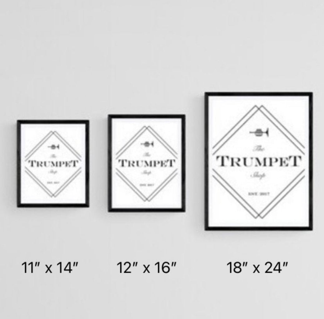 Comparison of available vintage art print sizes: 11" x 14", 12" x 16", and 18" x 24" framed, demonstrating the relative scale of high-quality reproduction prints from The Trumpet Shop.
