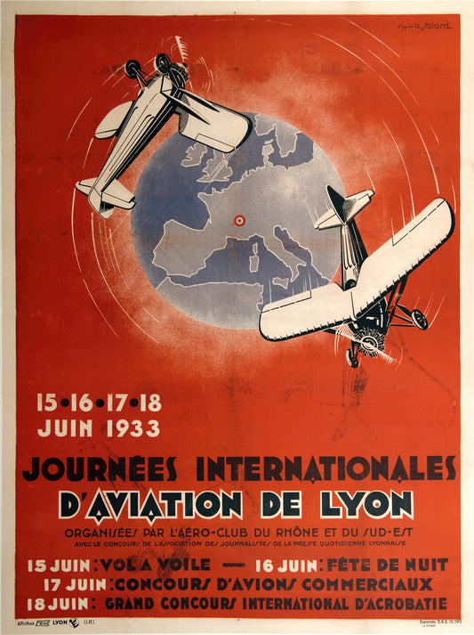Vintage aviation poster for International Aviation Days of Lyon featuring airplanes and a map of Europe.