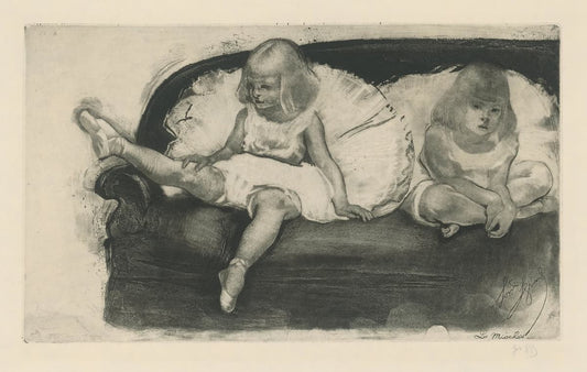 A monochrome artwork depicting two children seated on a dark sofa, rendered in a sketch-like style with soft shading on a light background.